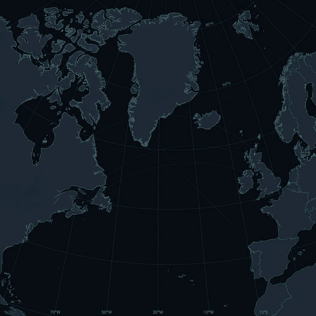 Dark regional North Atlantic aeronautical chart with weather complexity overlay